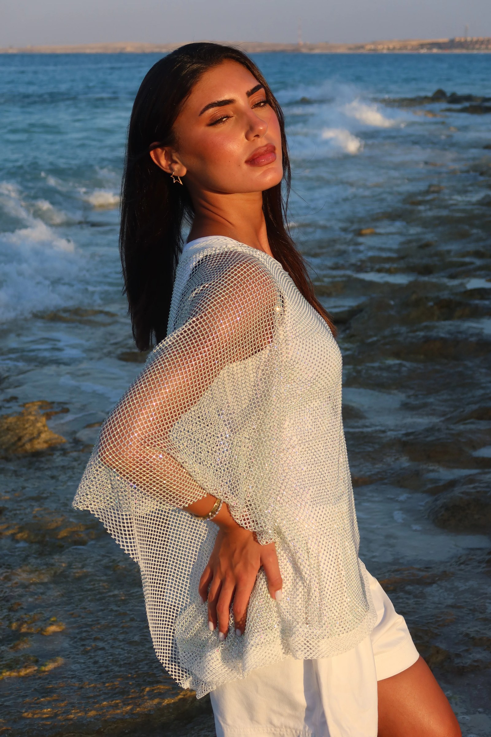 White knit studded off shoulder top