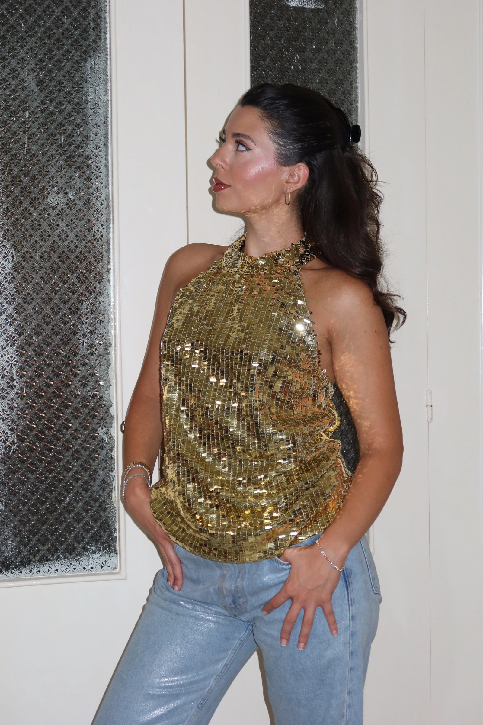 Gold payette halter neck top