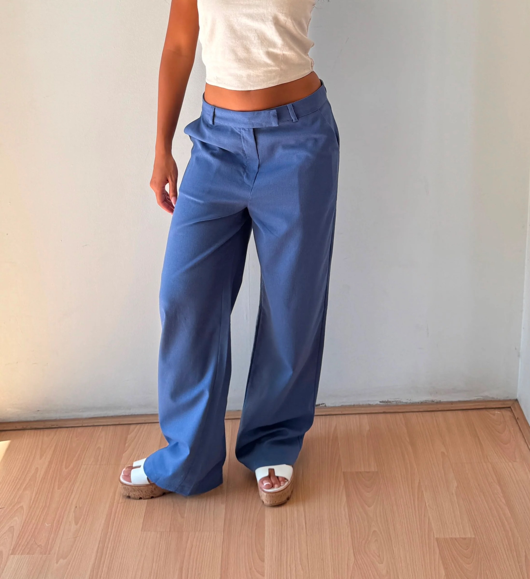 Blue linen wide leg pants