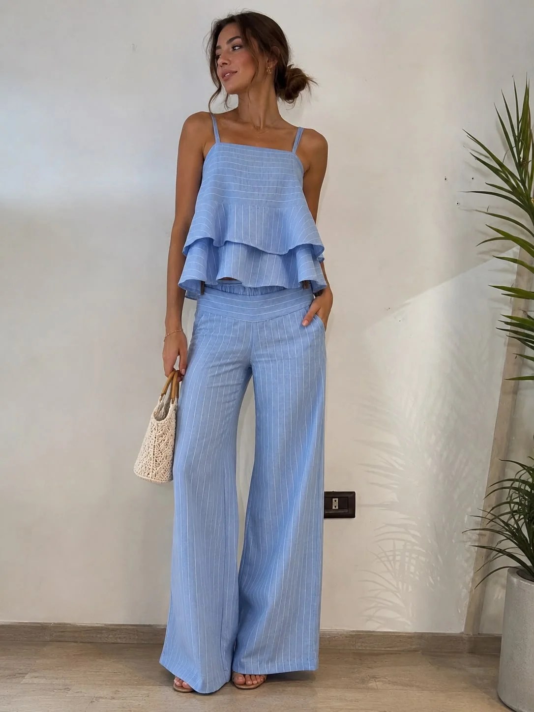 Small strip linen top in baby blue