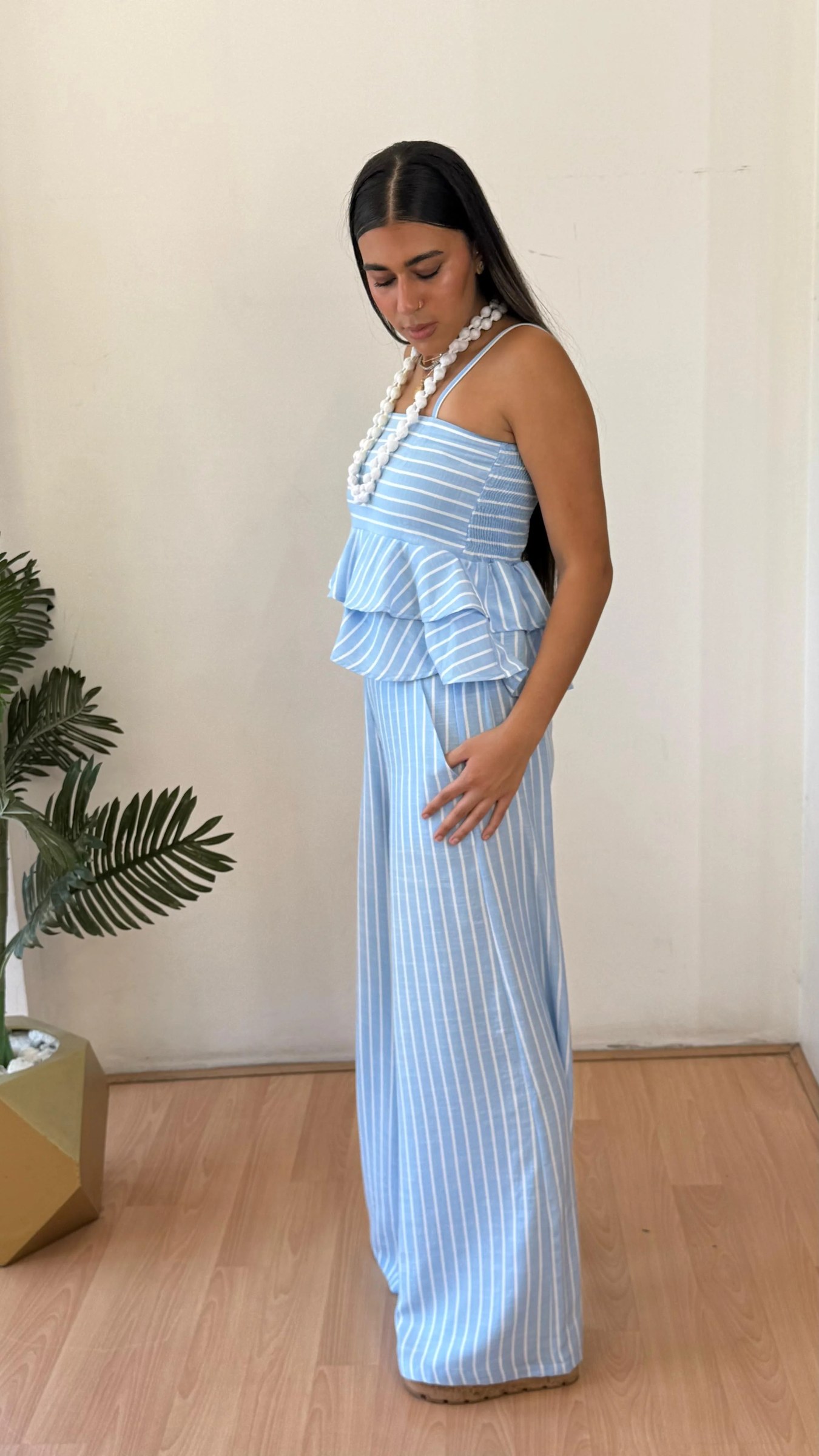 Strip baby blue linen pants
