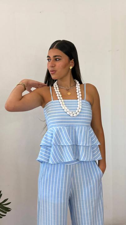 Strip baby blue linen top