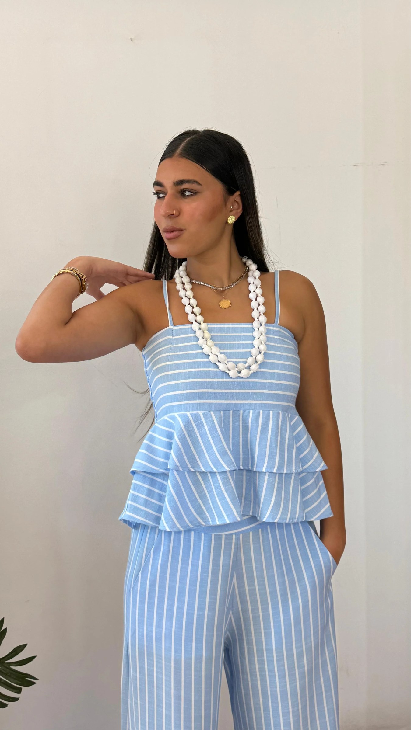 Strip baby blue linen top