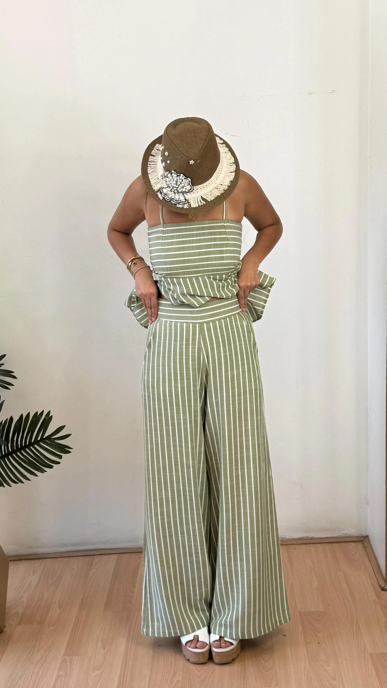Strip olive linen pants
