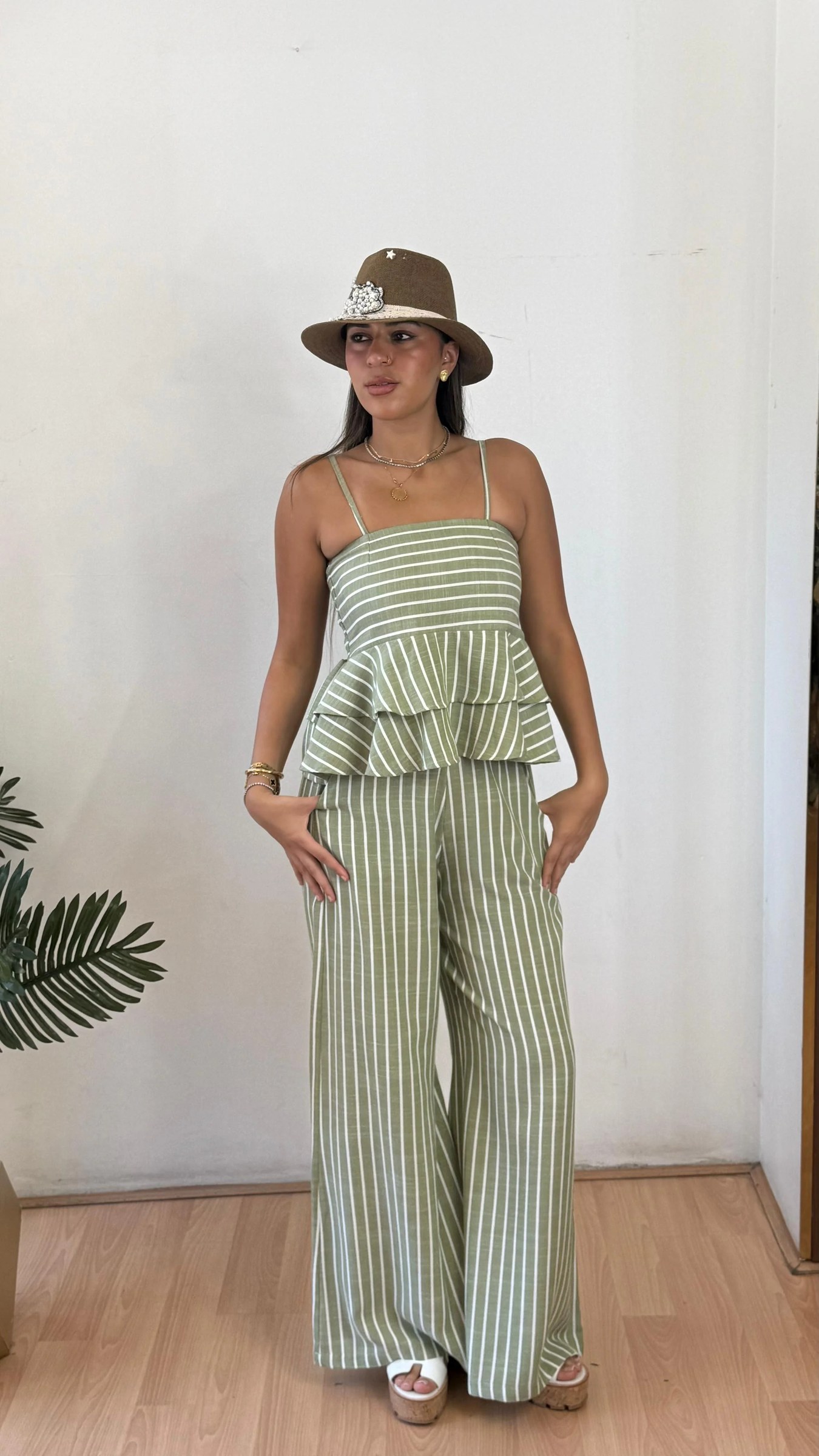Strip olive linen pants