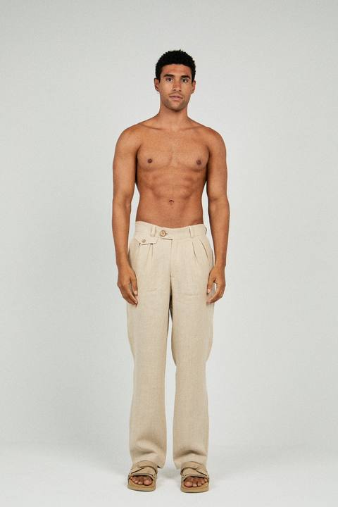 RELAXED FIT PLEATED LINEN PANTS