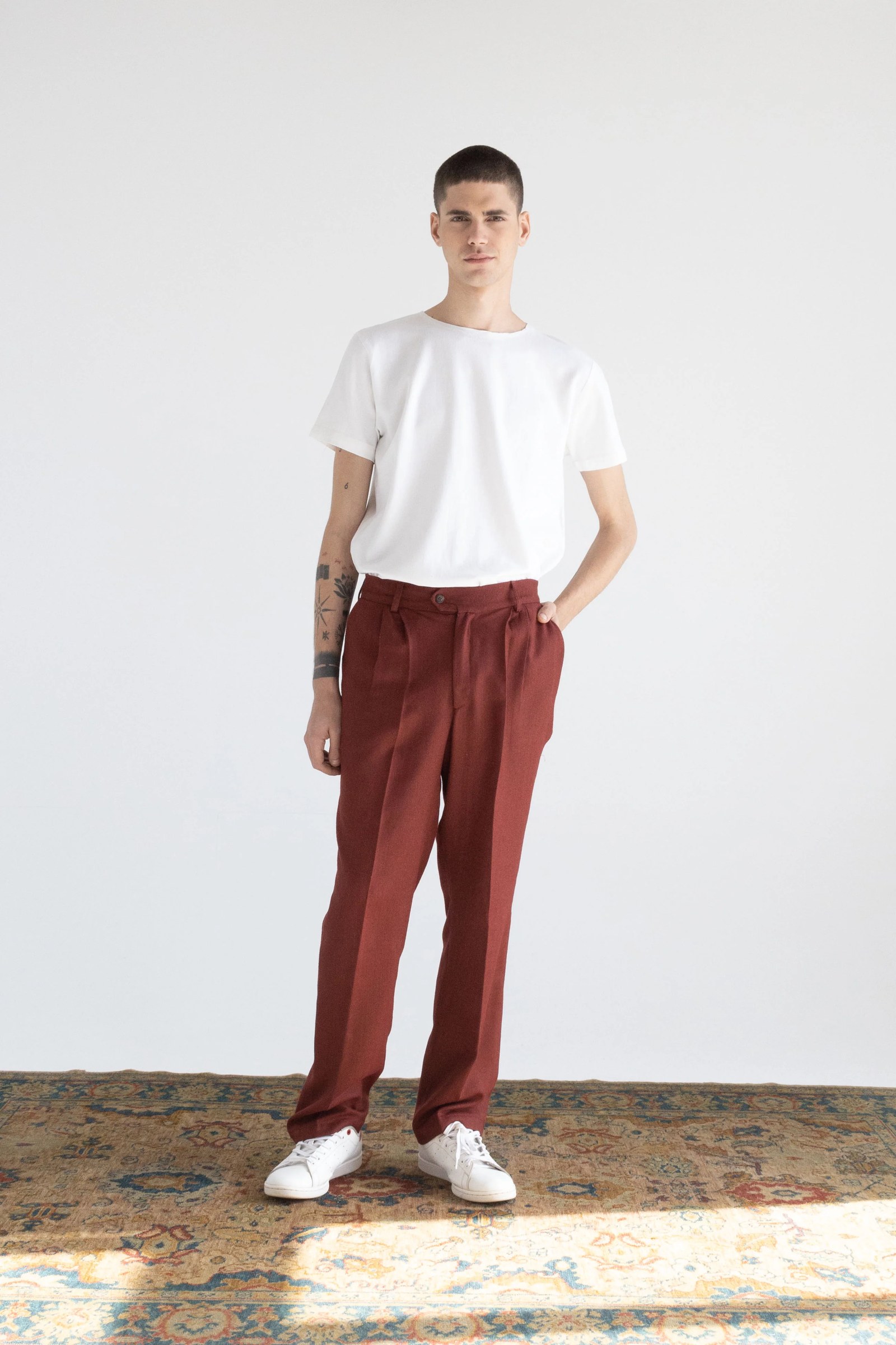 HERRINGBONE RELAXED-FIT CASHMERE MERINO WOOL PANTS