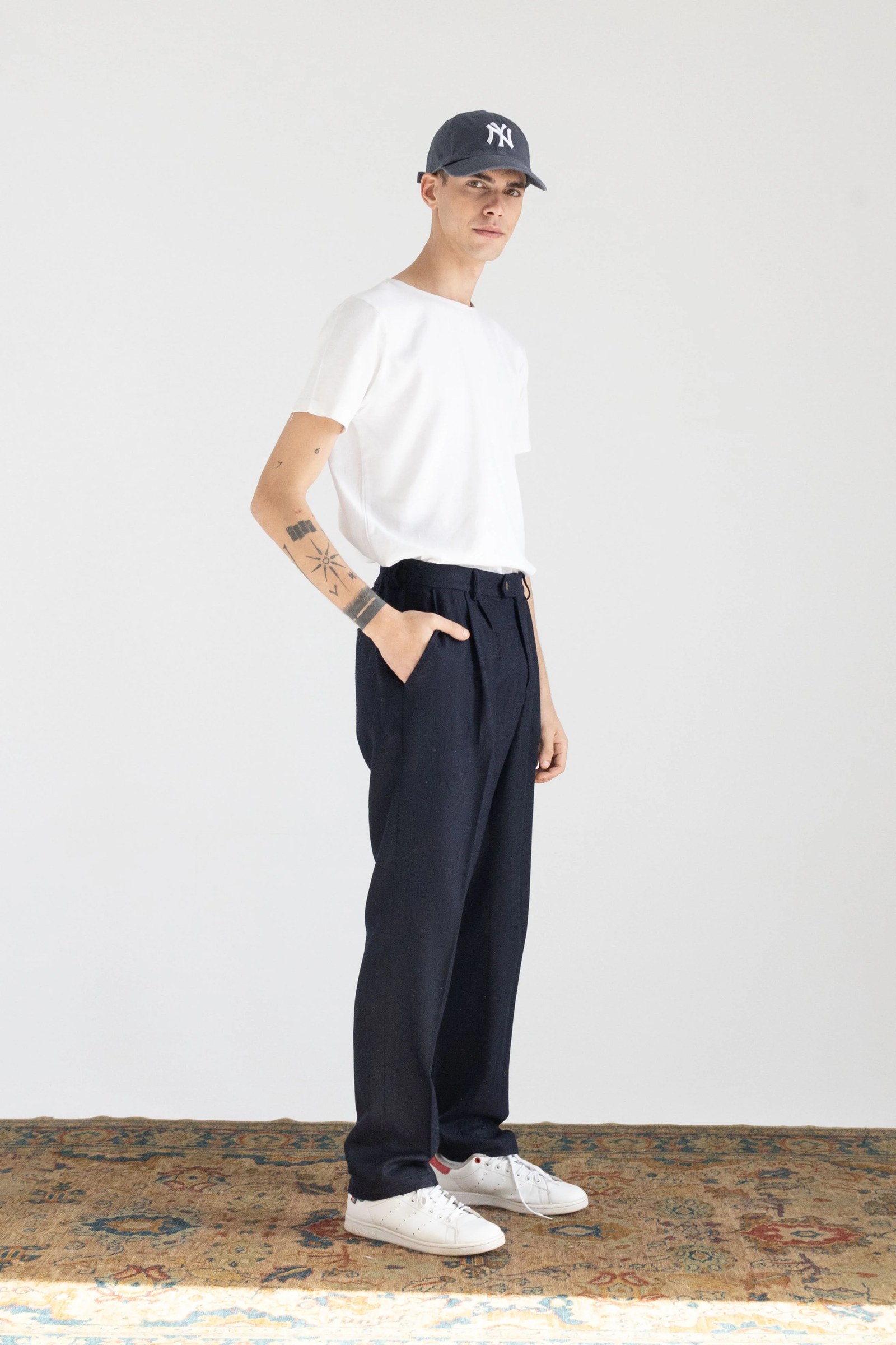 HERRINGBONE RELAXED-FIT CASHMERE MERINO WOOL PANTS