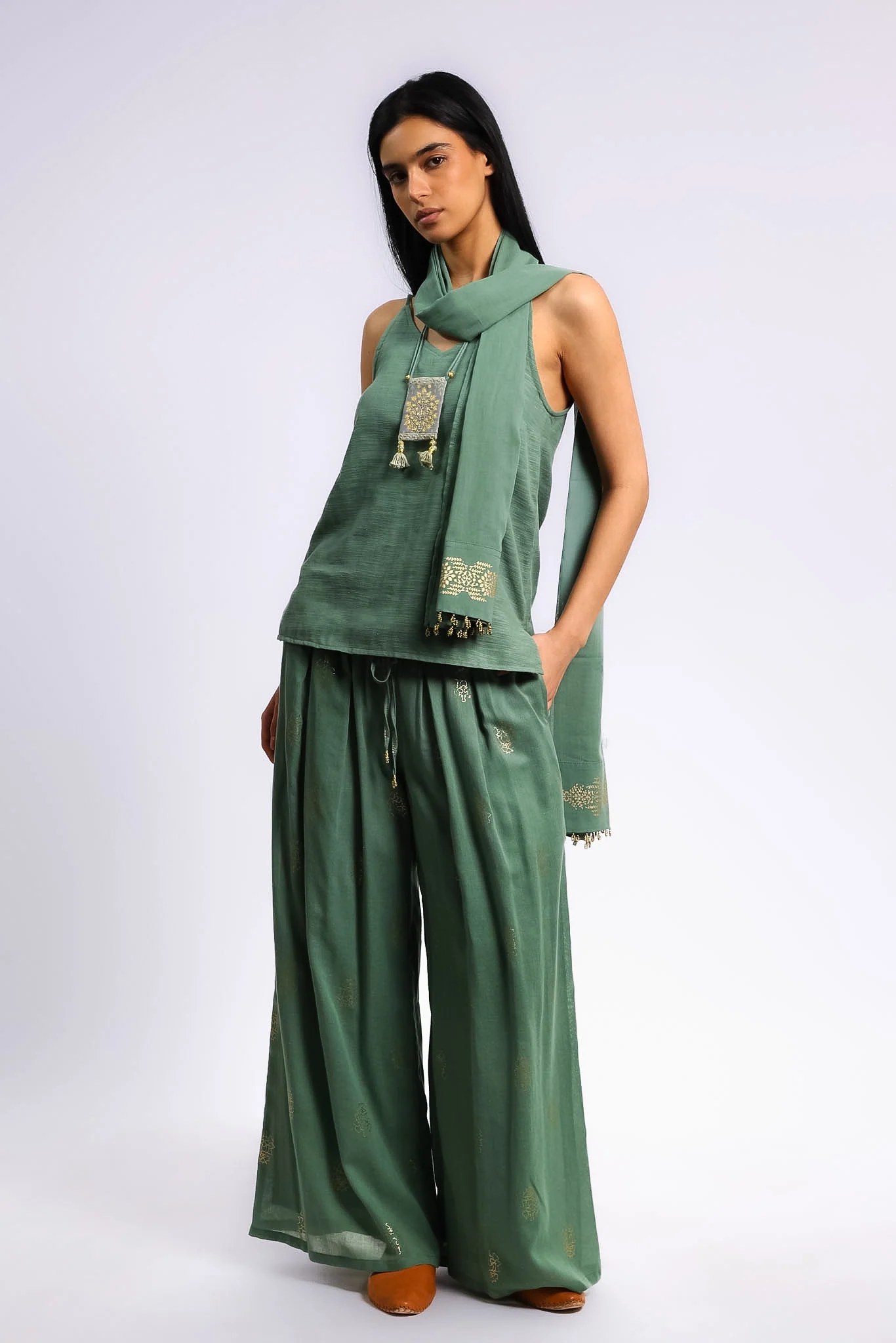 Gold printed cotton gauze pants