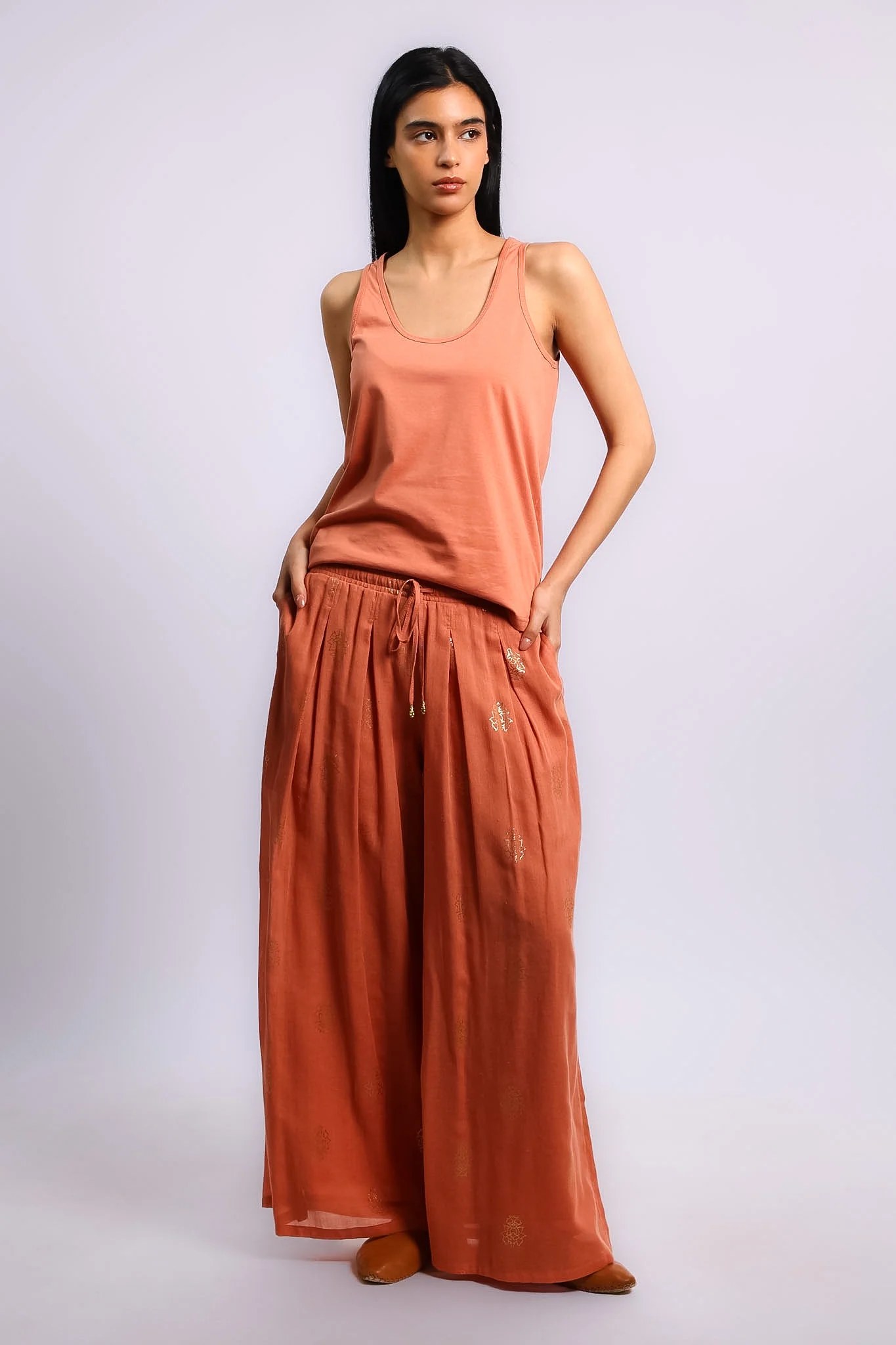 Gold printed cotton gauze pants