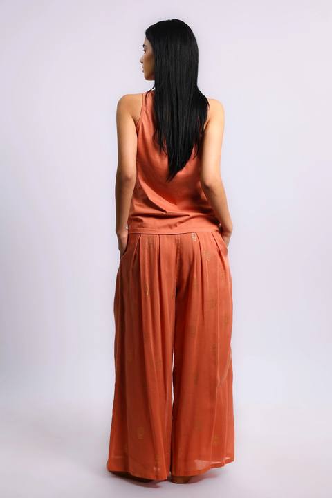 Gold printed cotton gauze pants