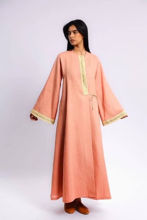 Embroidered long caftan coat in linen with side ties