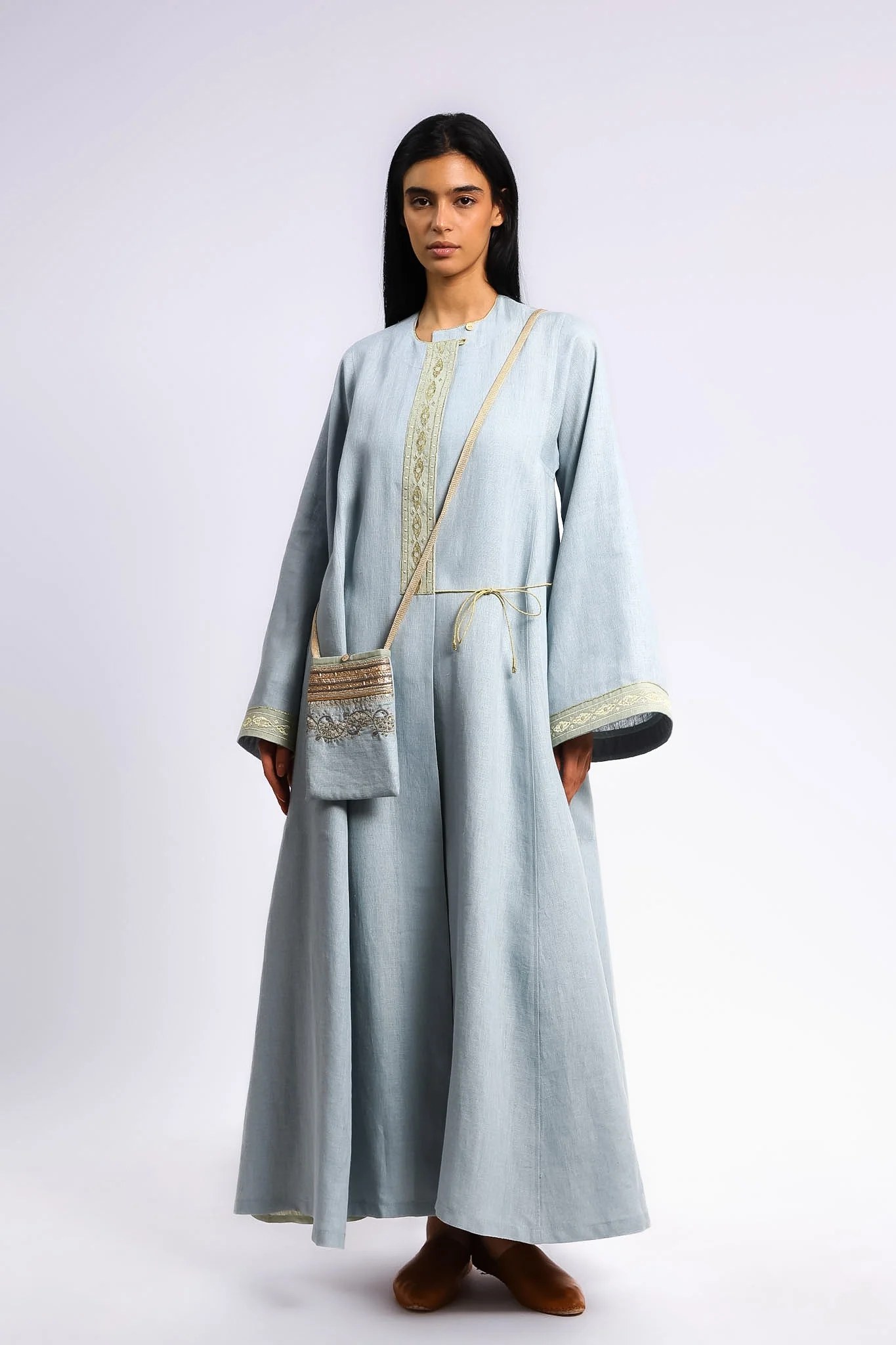 Embroidered long caftan coat in linen with side ties