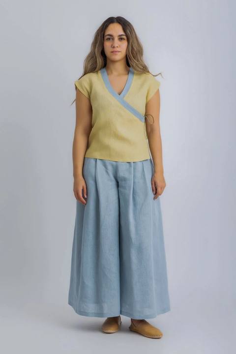 Linen wrap-detail sleeveless top with golden trim