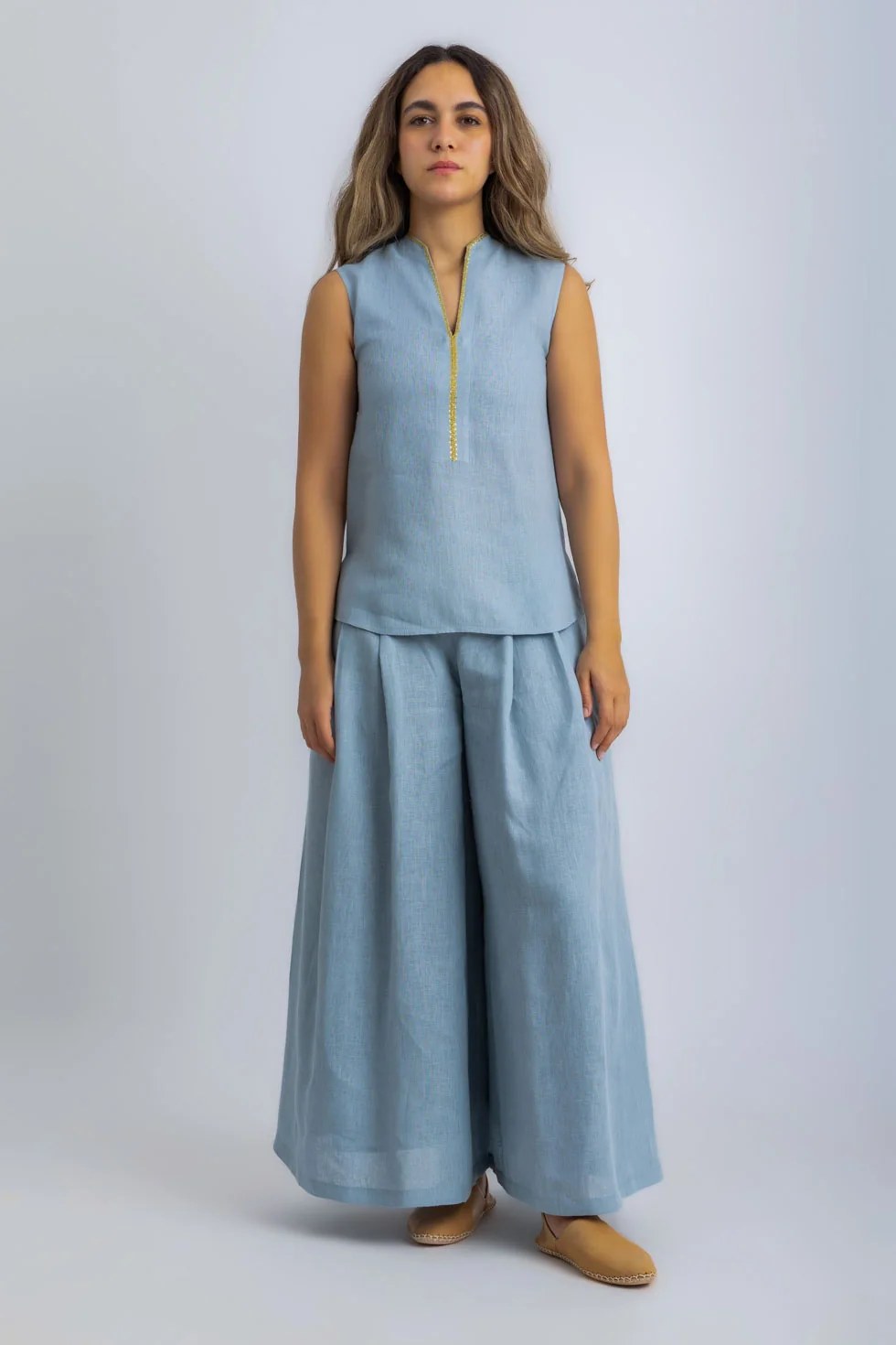 Linen sleeveless embellished top
