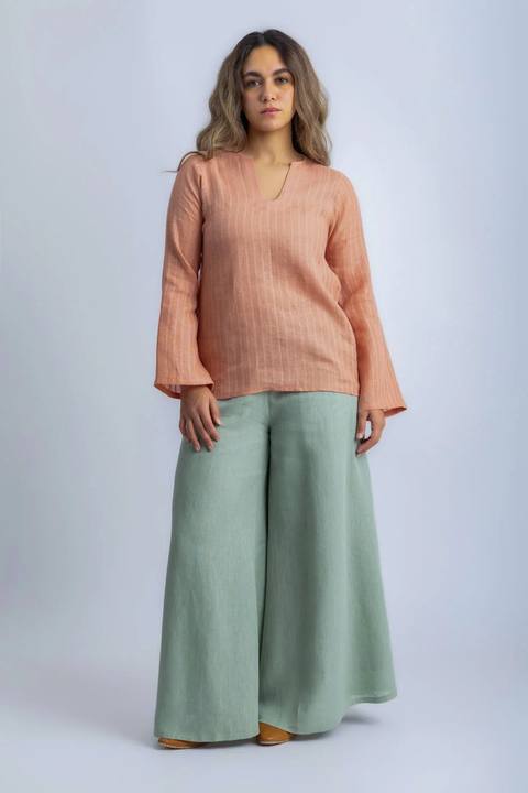 Striped linen top with printed flower on the back
