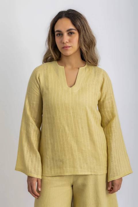 Striped linen top with printed flower on the back