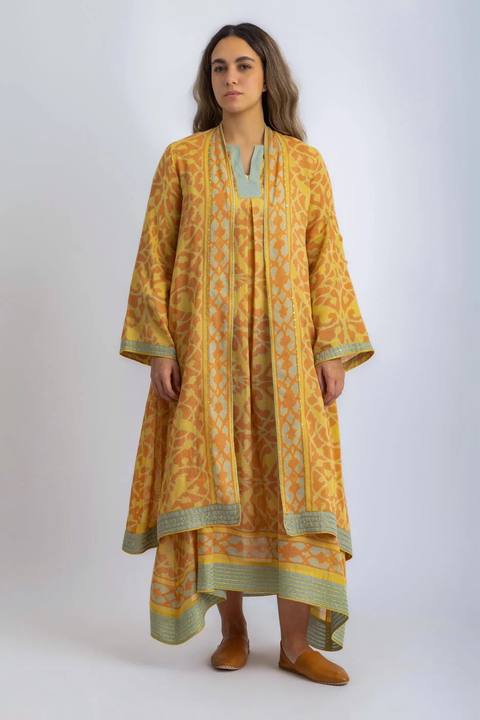 Short coat in printed Egyptian cotton gauze with asymmetric hemline