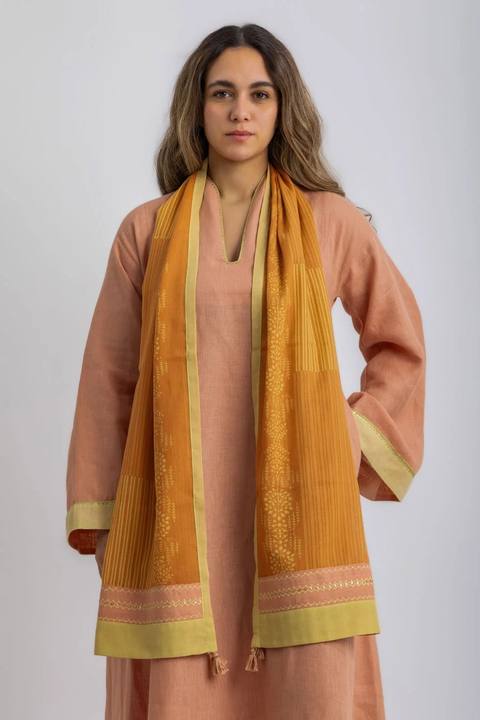Striped Egyptian cotton voile shawl with embroidery