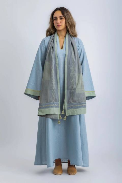 Striped Egyptian cotton voile shawl with embroidery