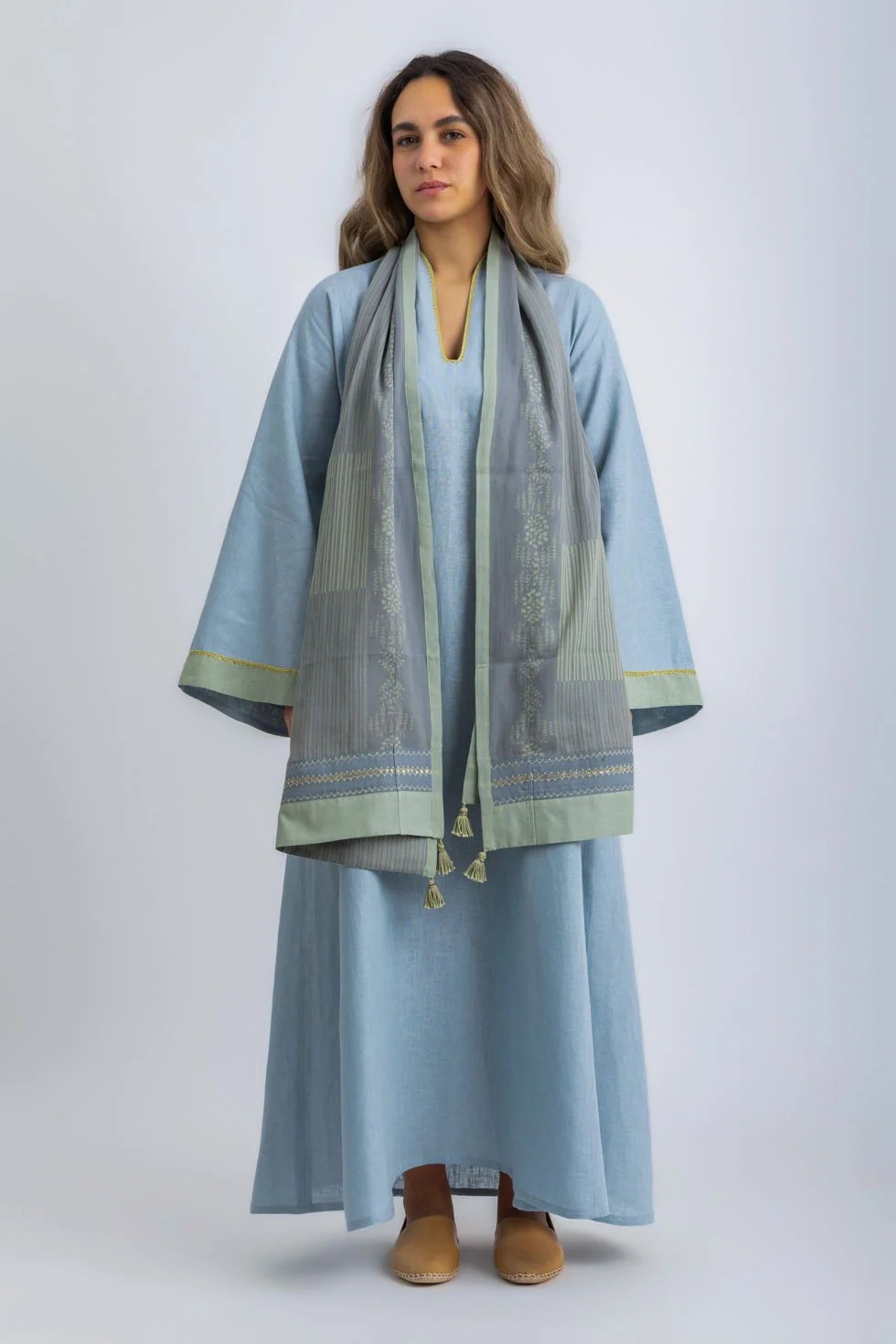 Striped Egyptian cotton voile shawl with embroidery