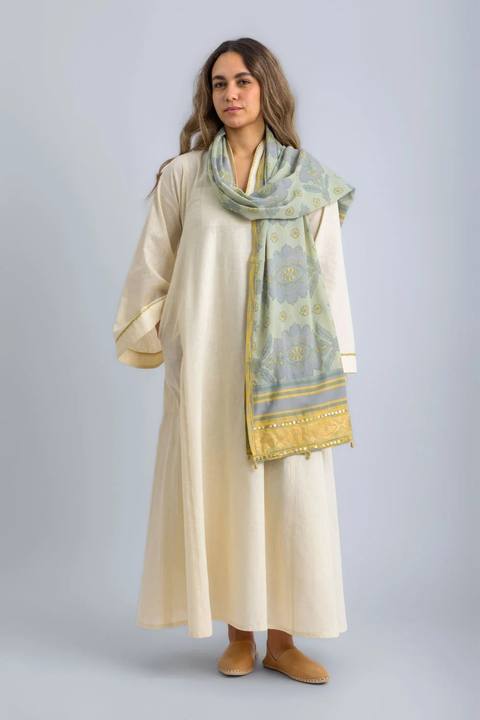 Printed Egyptian cotton voile shawl with fabric pom poms