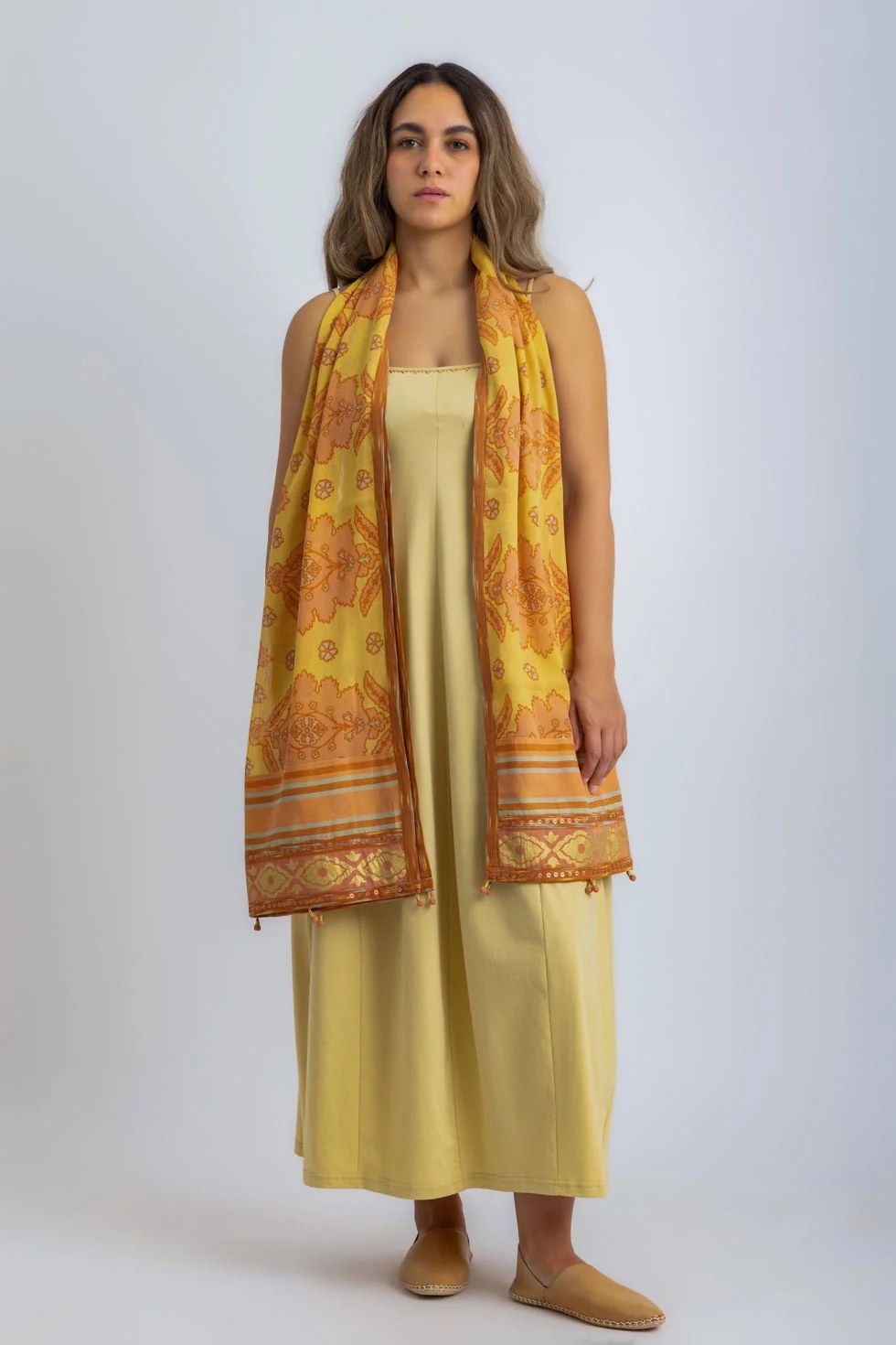 Printed Egyptian cotton voile shawl with fabric pom poms