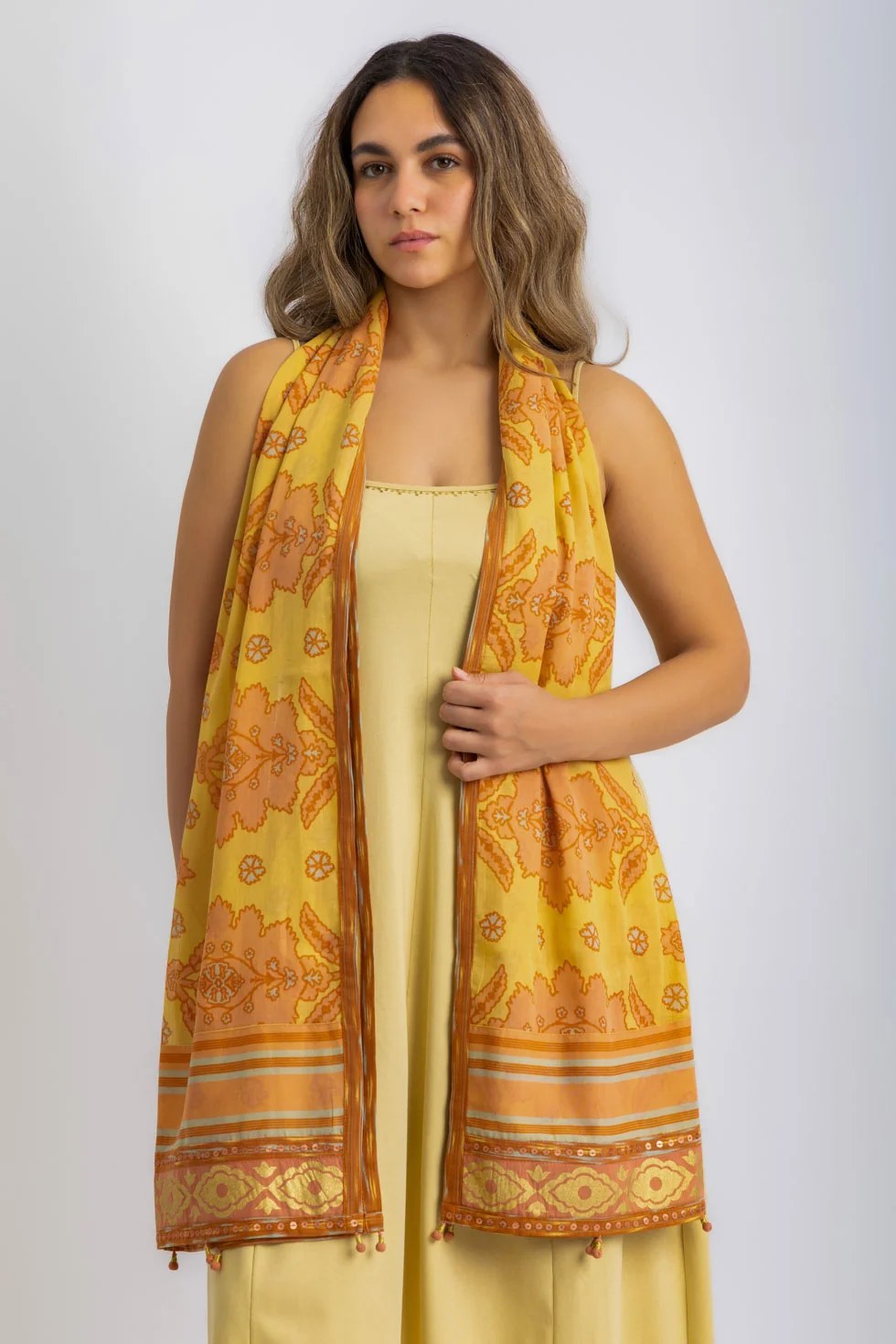 Printed Egyptian cotton voile shawl with fabric pom poms