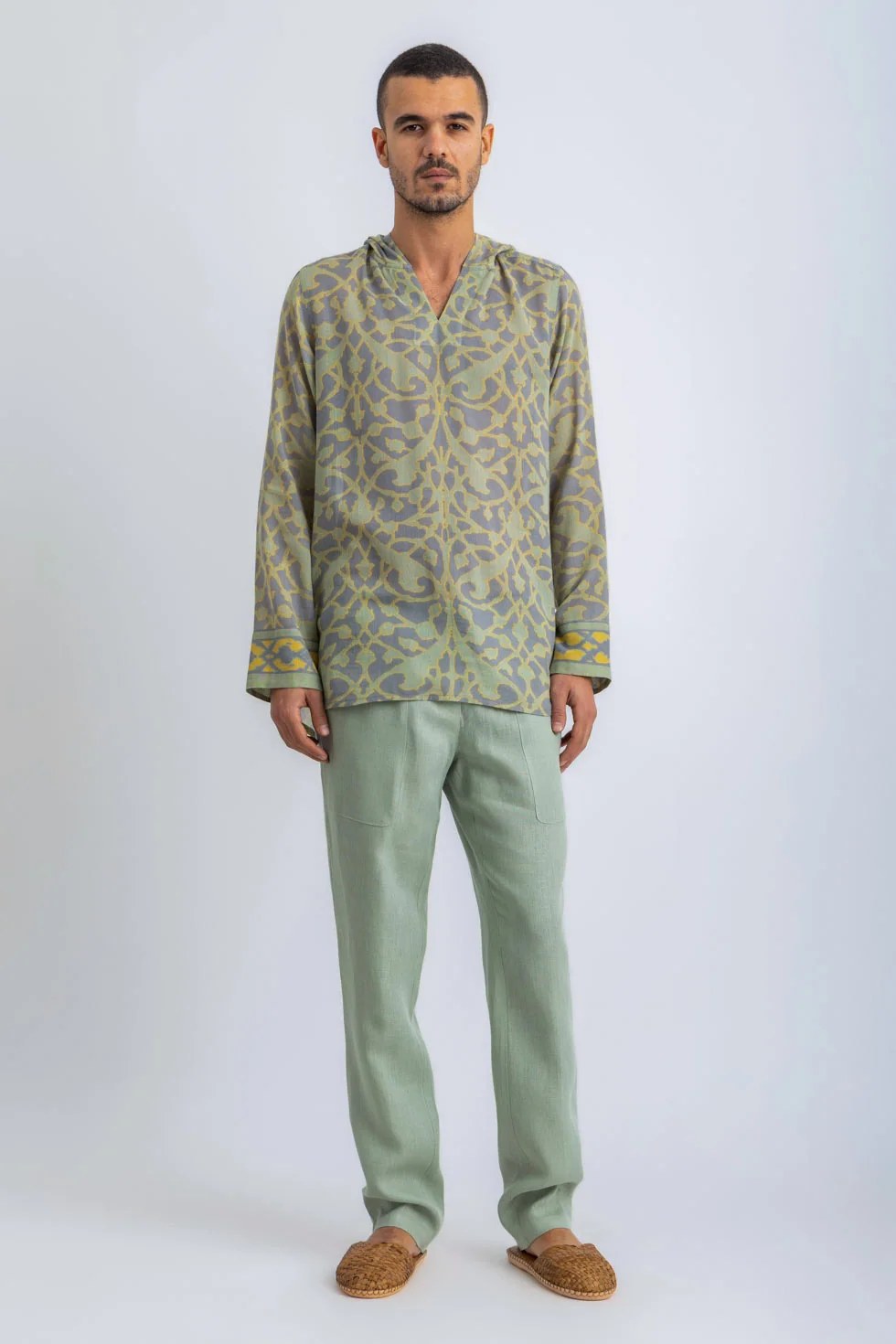 Printed Egyptian cotton gauze hooded shirt
