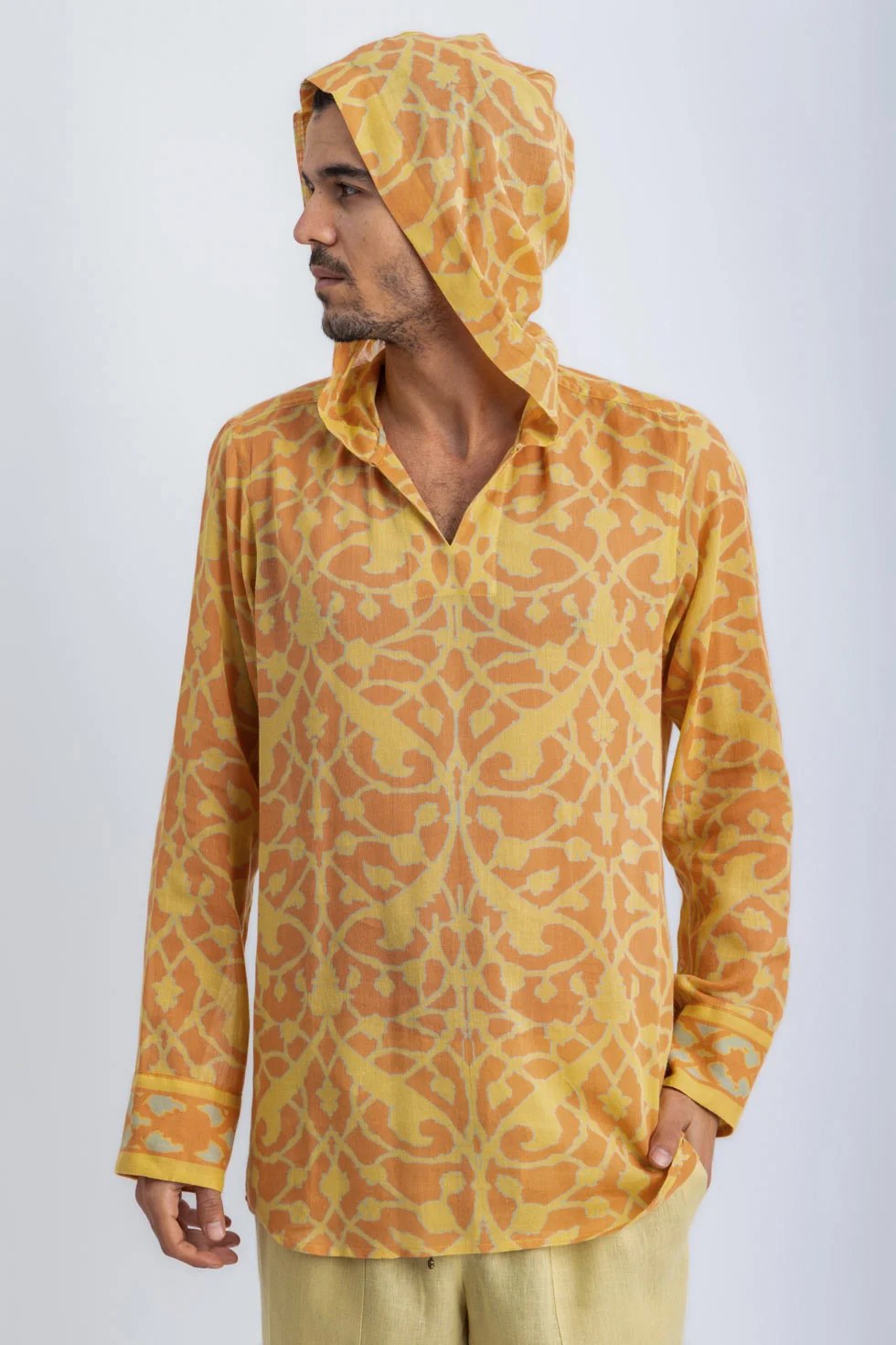 Printed Egyptian cotton gauze hooded shirt