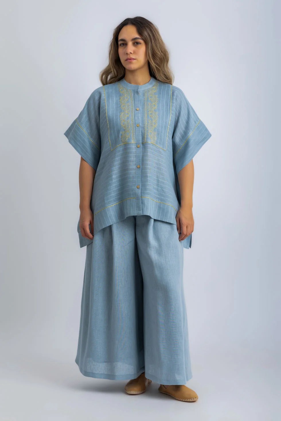 Embroidered striped linen loose shirt