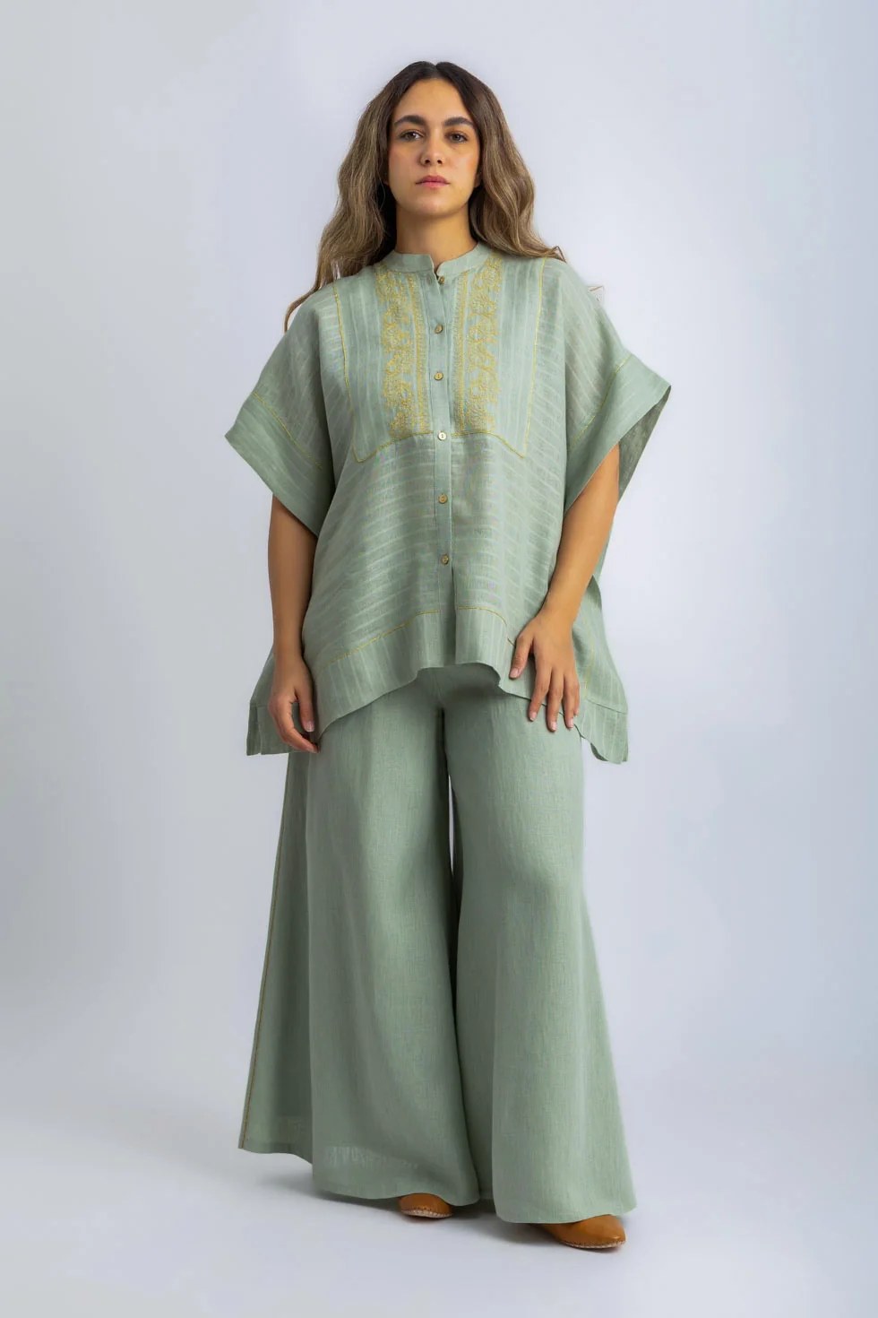 Embroidered striped linen loose shirt