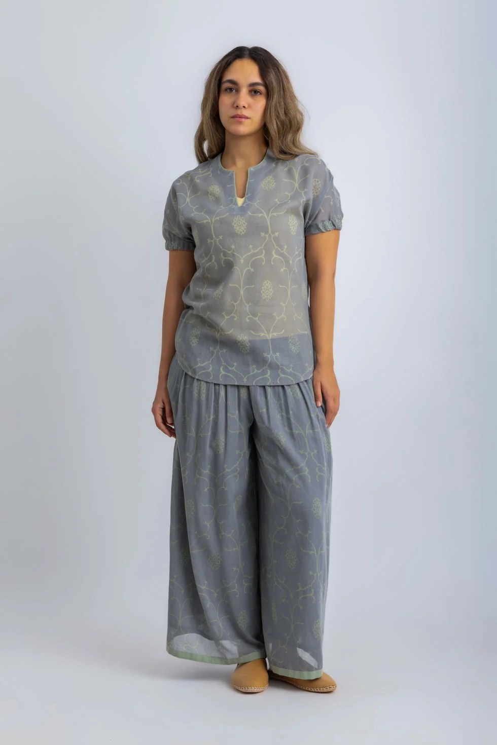 Printed Egyptian cotton voile puff-sleeve top