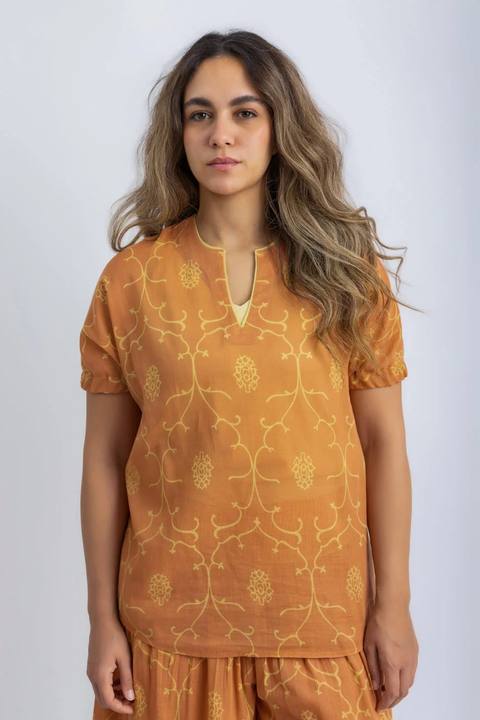 Printed Egyptian cotton voile puff-sleeve top