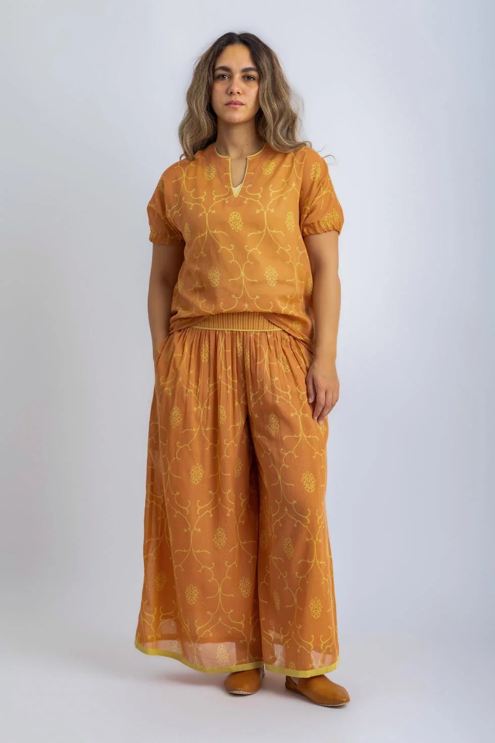 Lined wide-leg cotton voile pants with elasticated back waistband