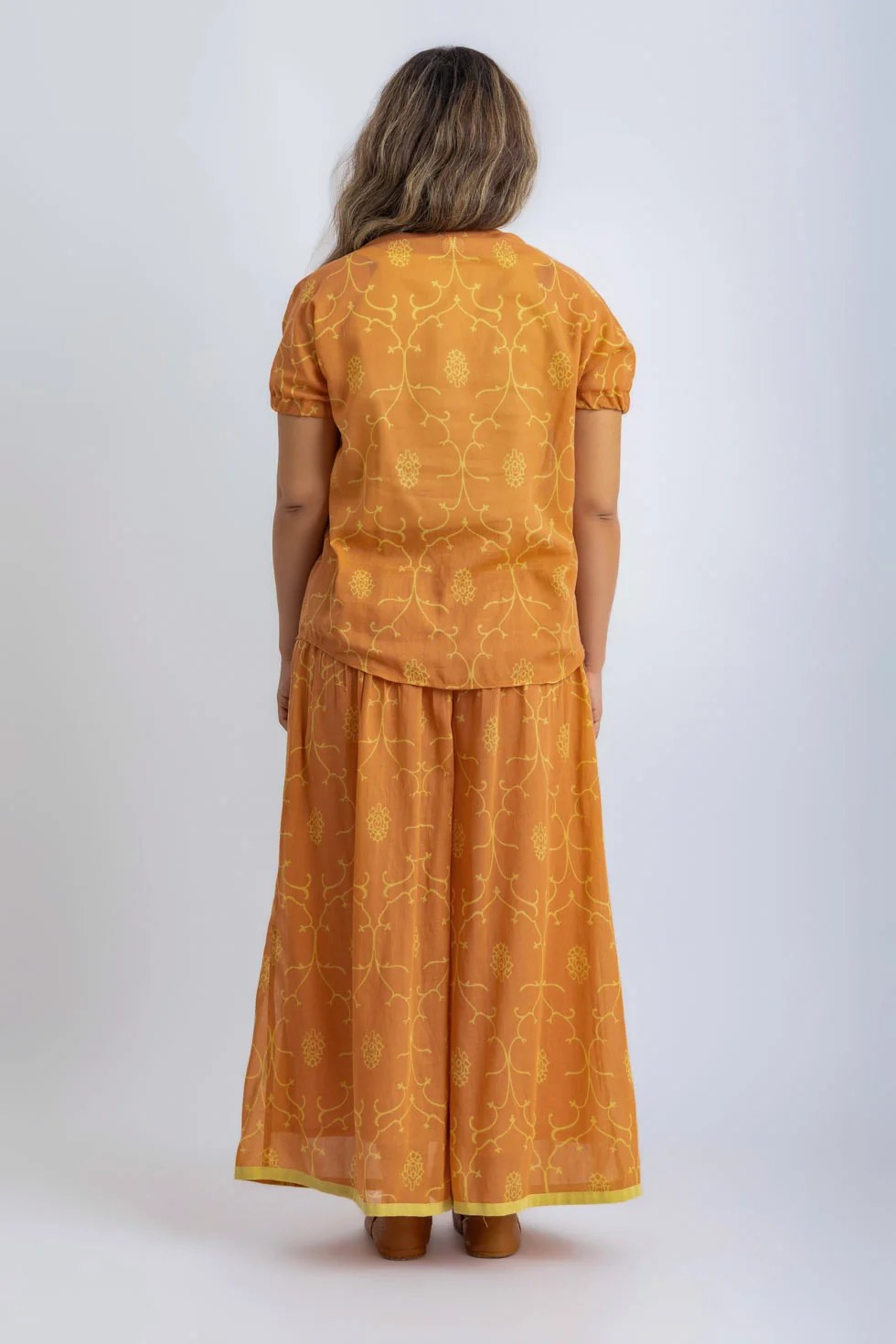 Lined wide-leg cotton voile pants with elasticated back waistband