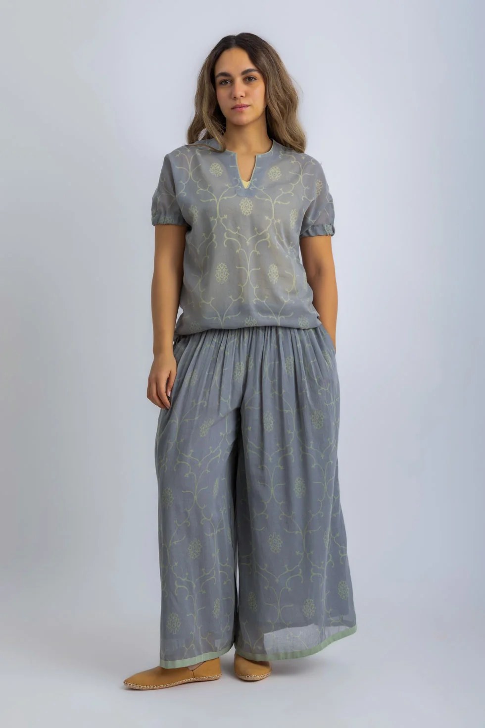 Lined wide-leg cotton voile pants with elasticated back waistband