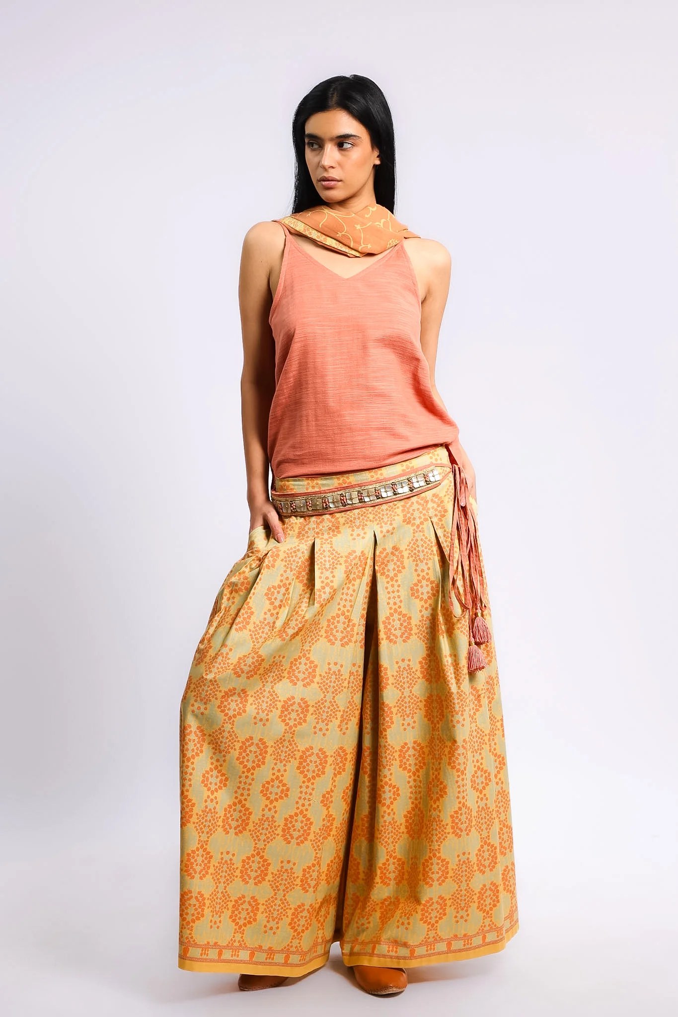 Wide leg pants in printed Egyptian cotton