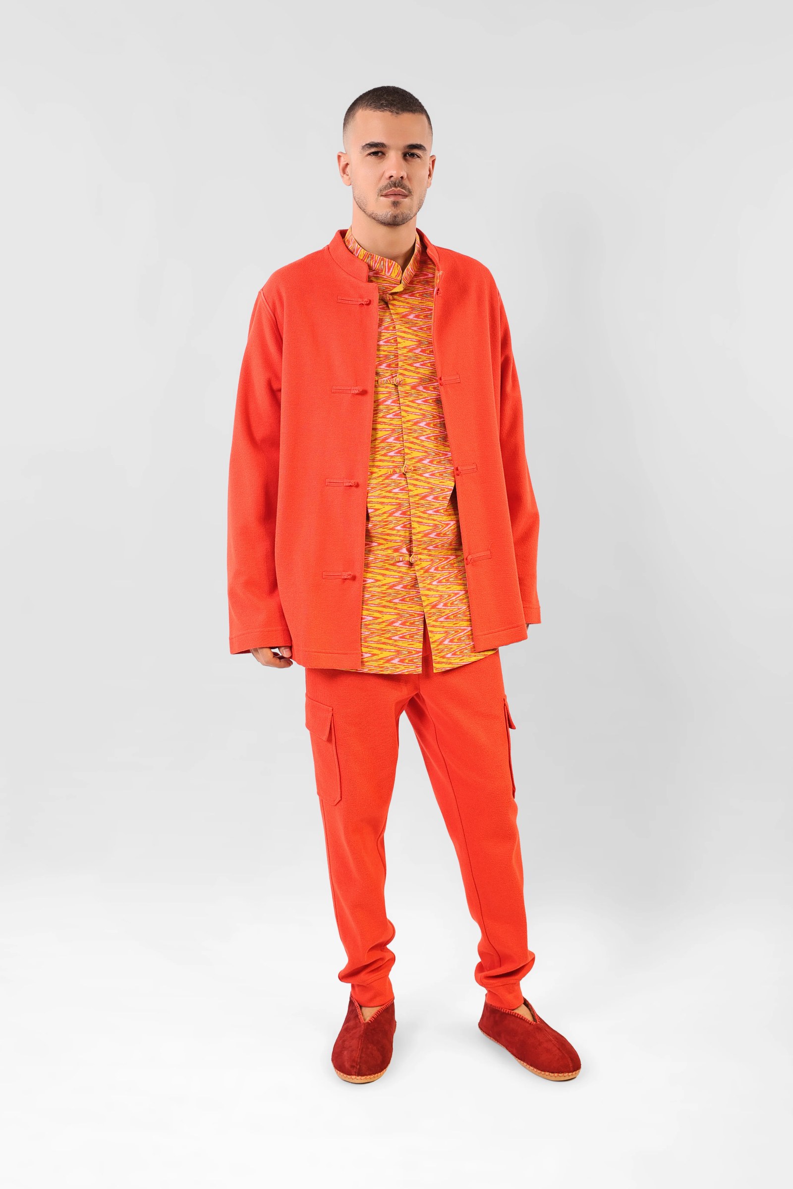 Long jacket in cotton blend cashmere with pockets