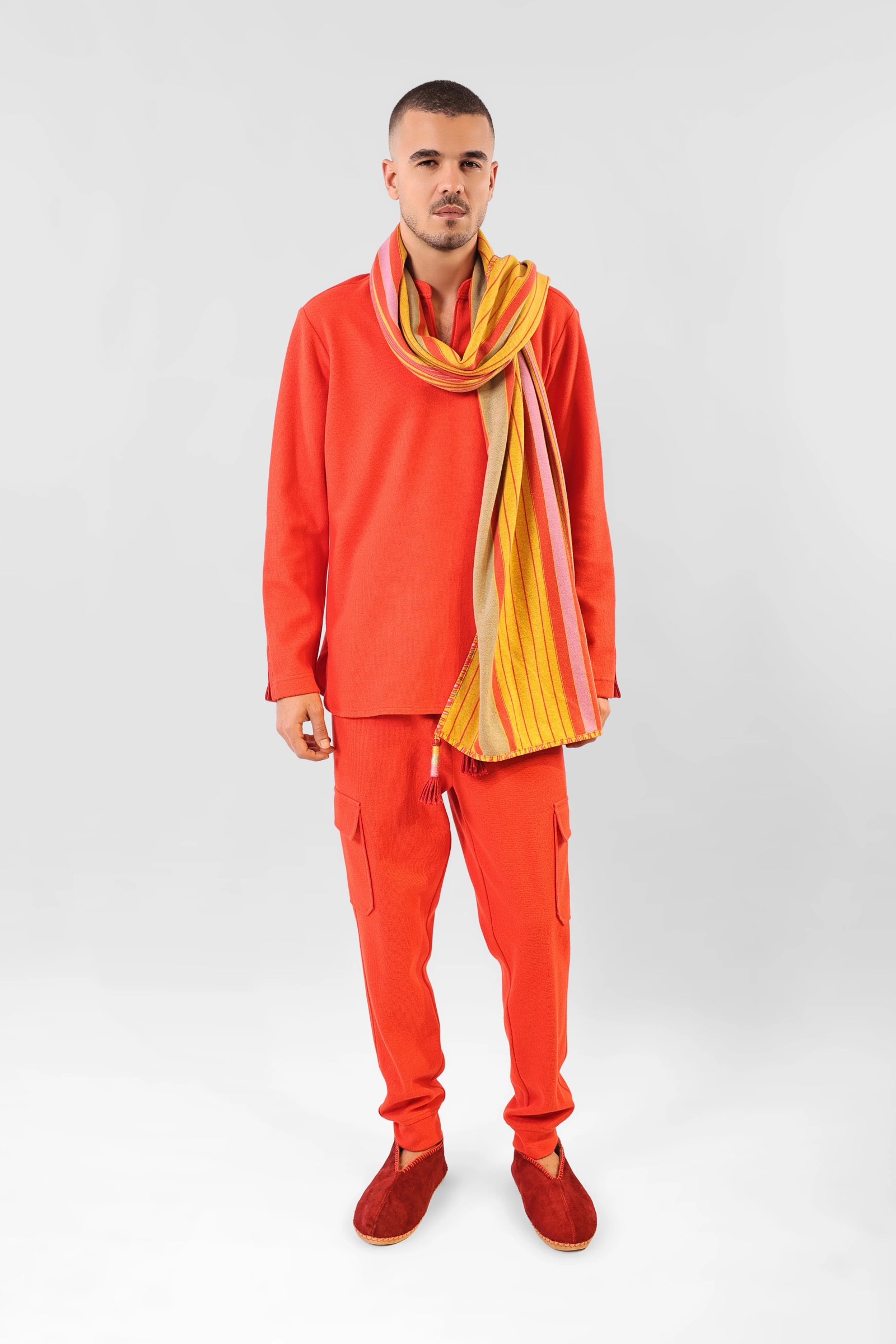 Sweater in cotton blend faux cashmere with round half collar