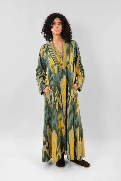 Long kaftan dress in cotton blend patterned jacquard with pockets