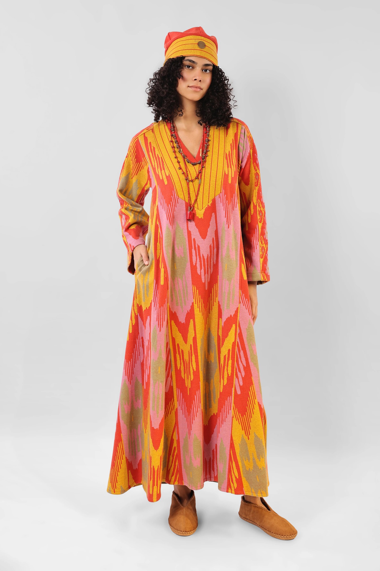 Long kaftan dress in cotton blend patterned jacquard with pockets