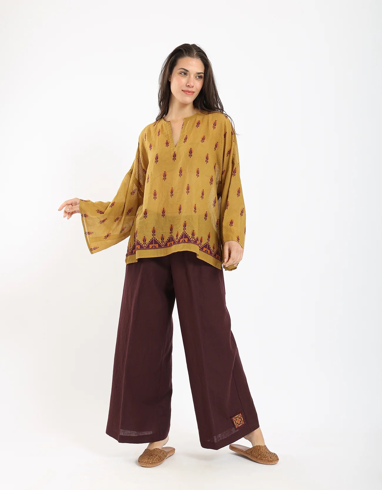 Linen wide leg pants with front piping