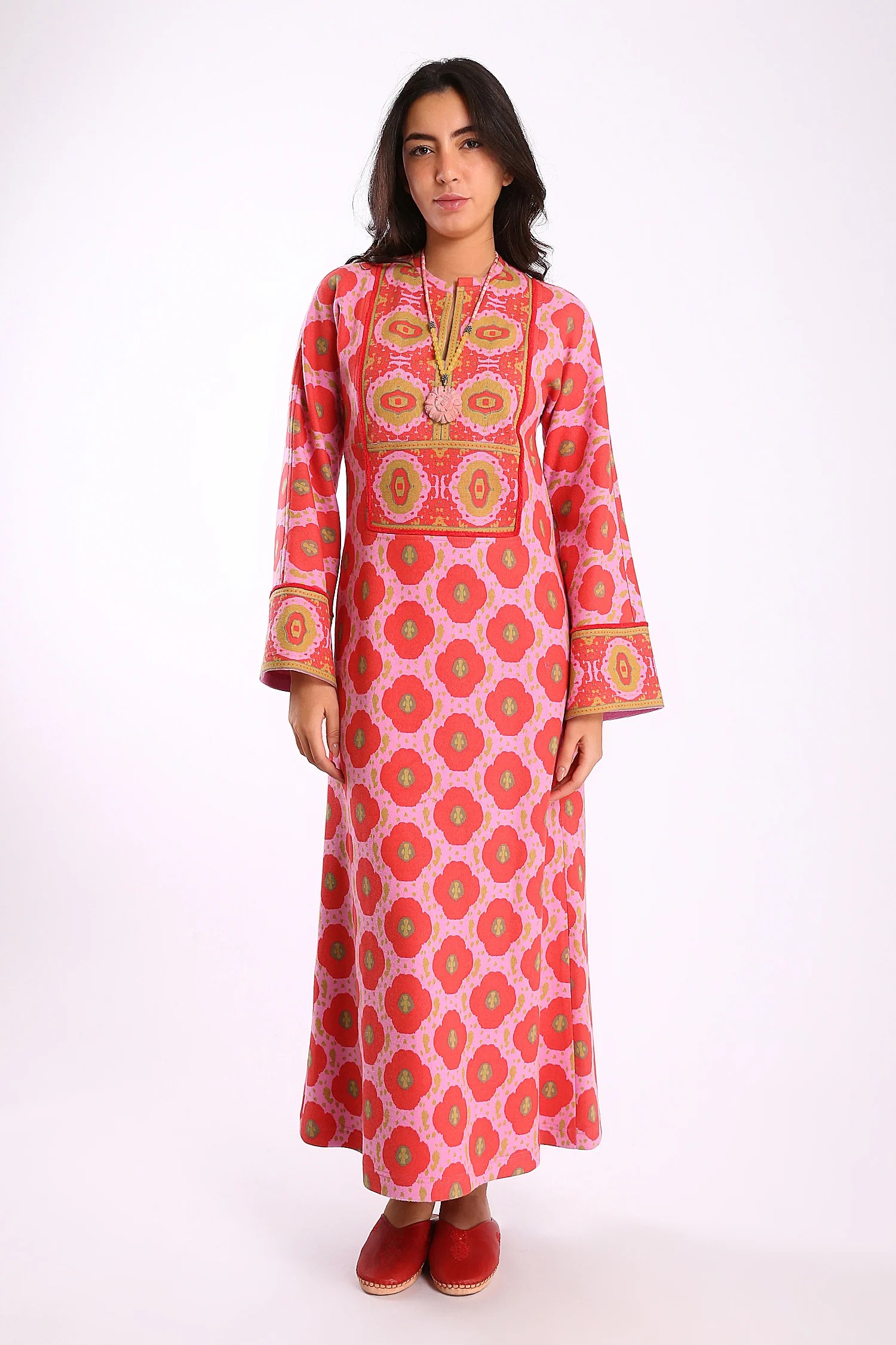 Long dress in printed cotton cashmere blend with front and back bib