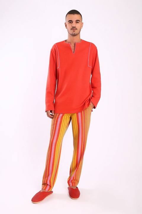 Straight leg pants in striped cotton blend jacquard with elastic waistband