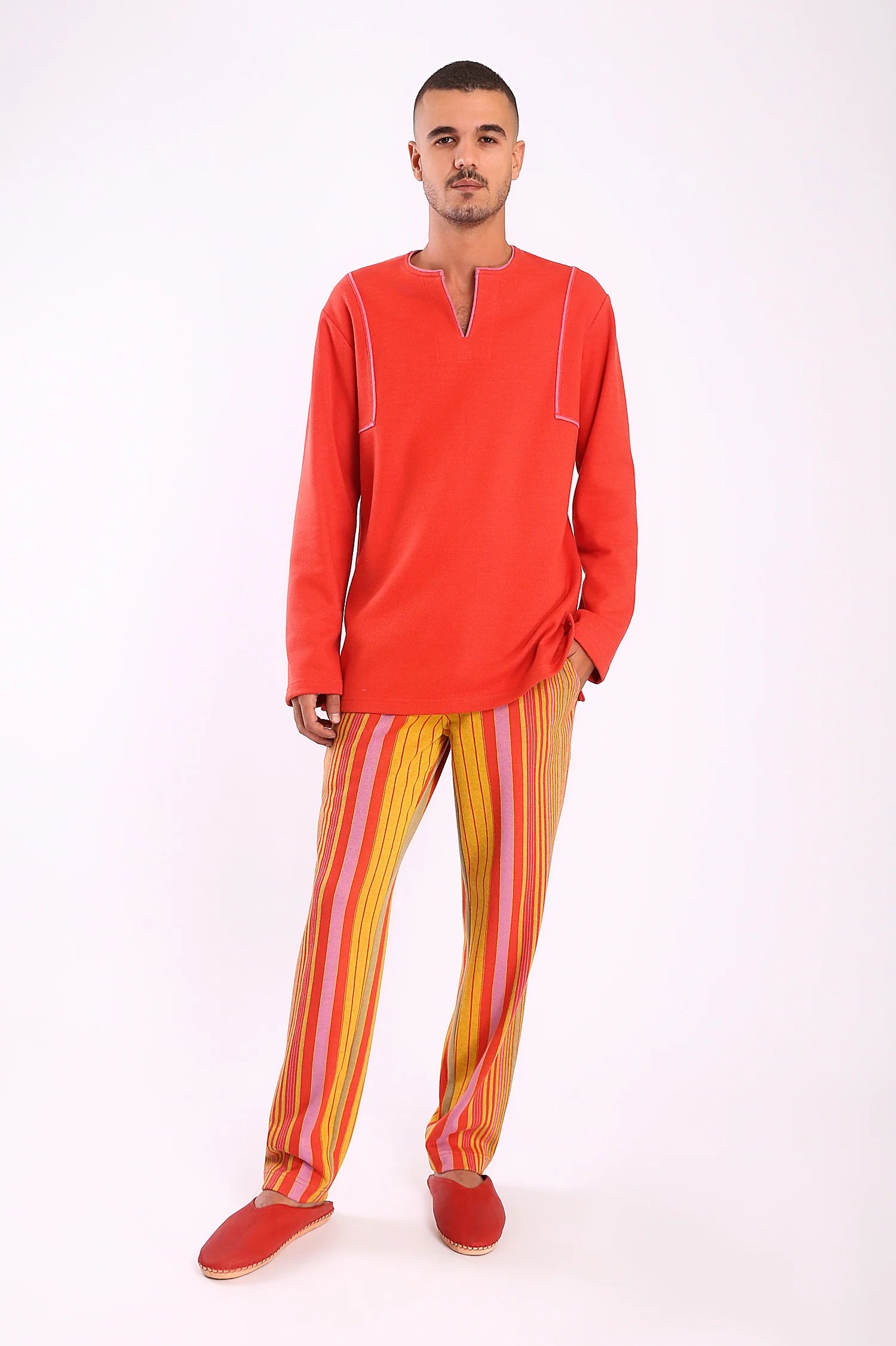 Straight leg pants in striped cotton blend jacquard with elastic waistband