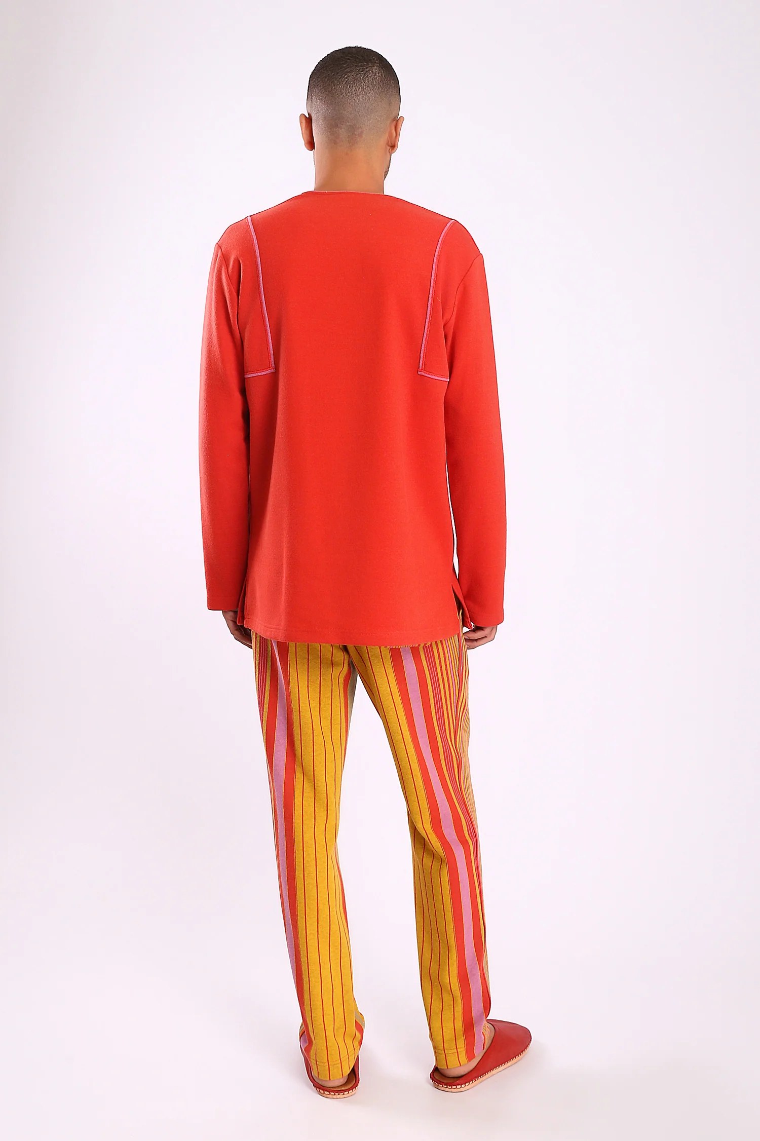 Straight leg pants in striped cotton blend jacquard with elastic waistband