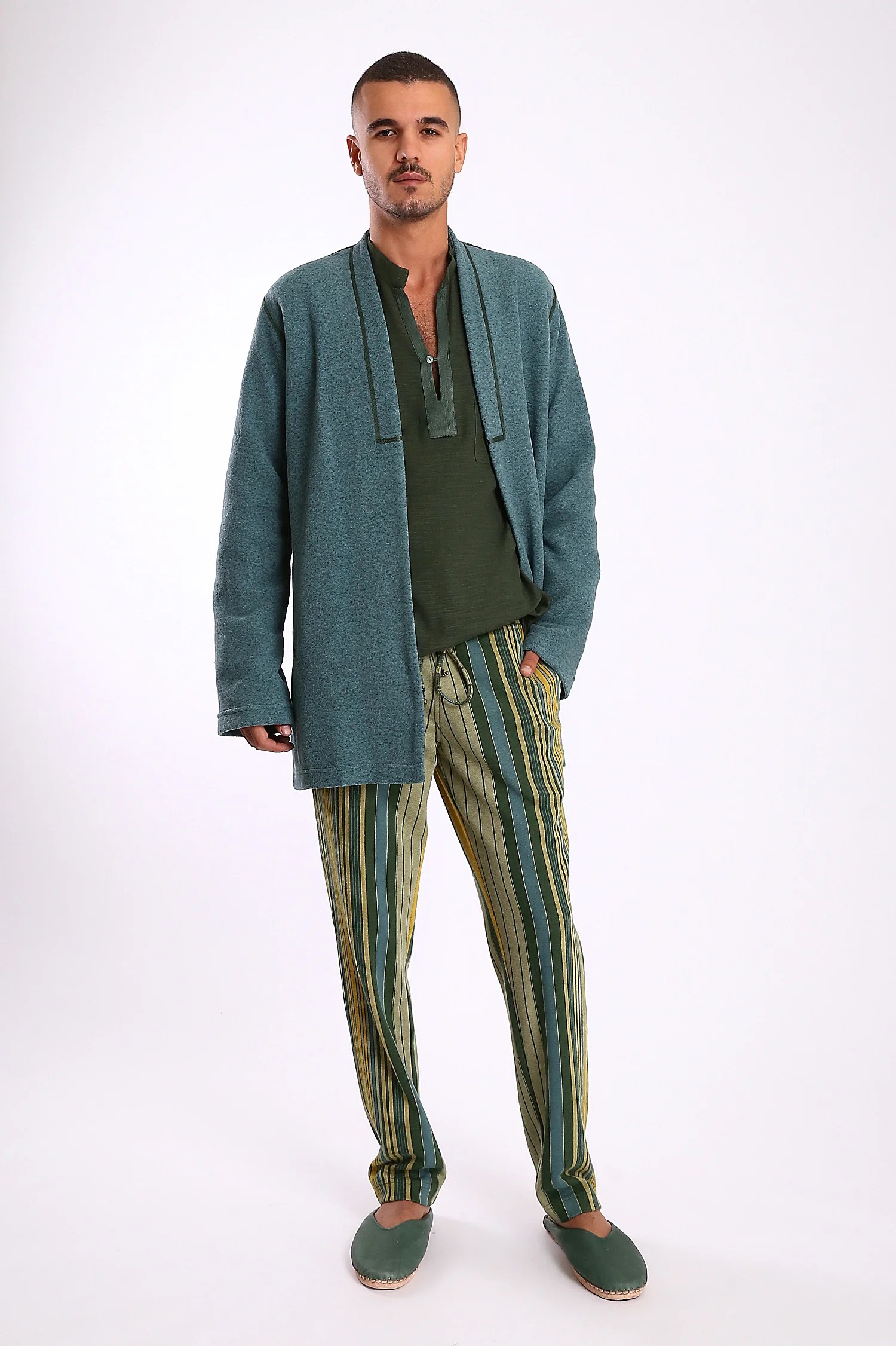 Straight leg pants in striped cotton blend jacquard with elastic waistband