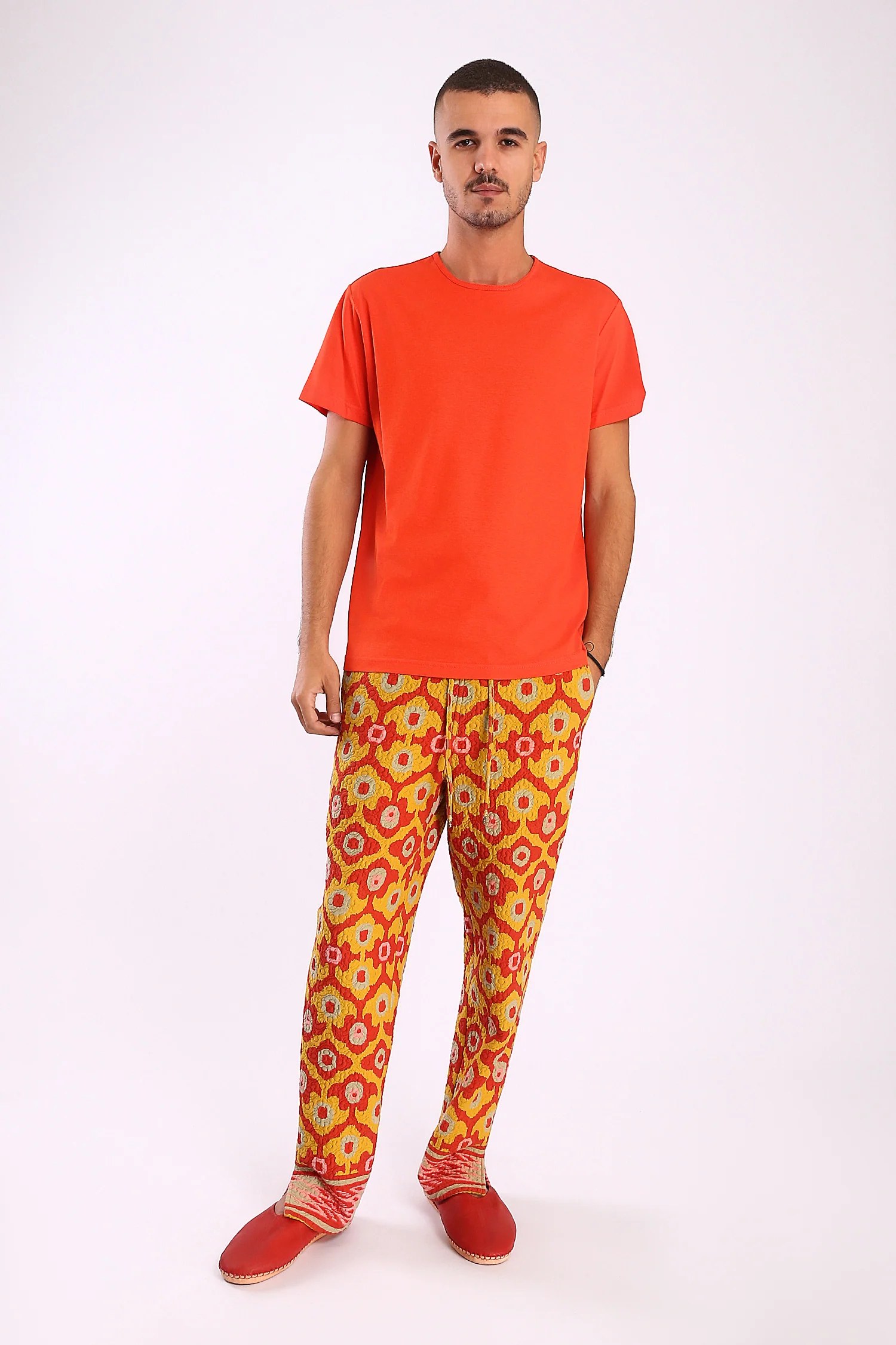Straight leg pants in quilted printed cotton blend with elastic waist.