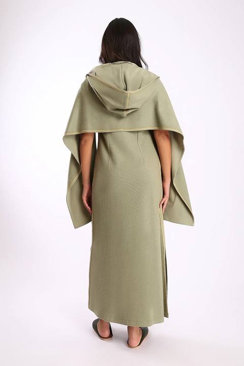 Hooded shawl in cotton blend faux cashmere with 2 patch pockets